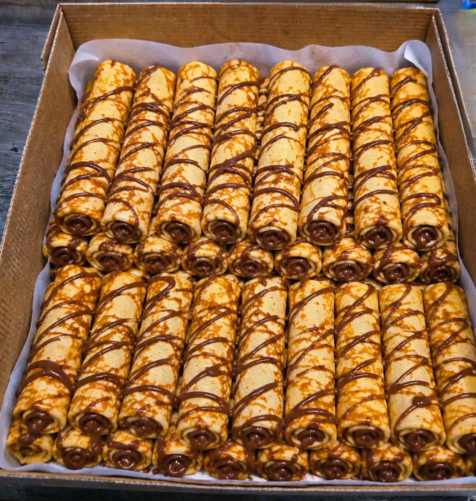 Box filled with rolled Nutella crêpes drizzled with chocolate