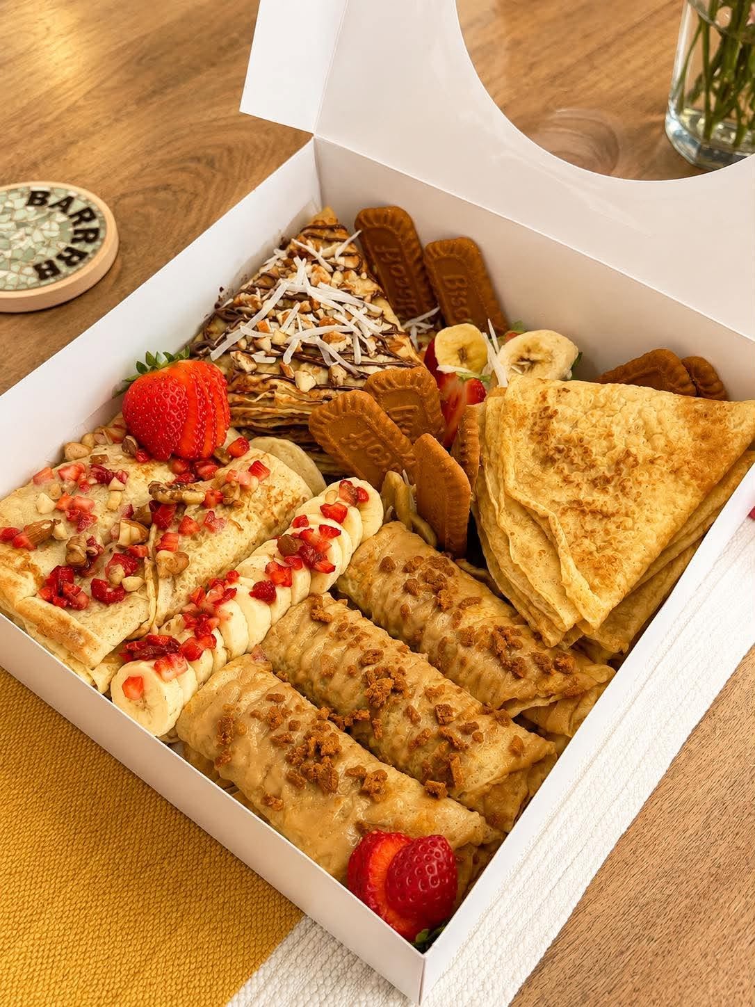 LOCO Crêpes party box with strawberry, banana, Nutella, Biscoff, and plain French crêpes